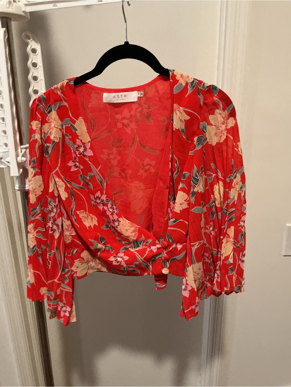ASTR Red Floral Tie-Front Crop Top